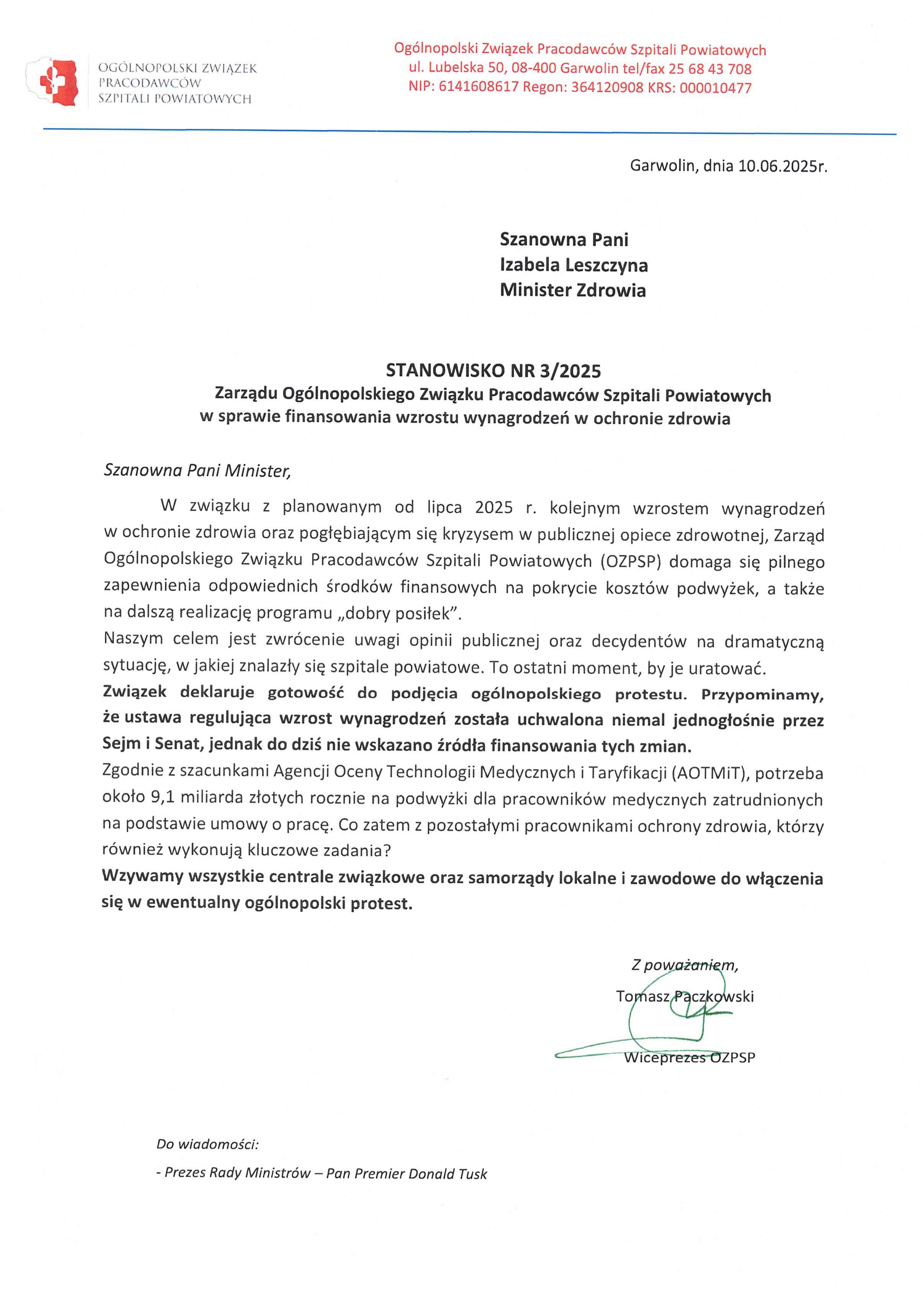 Stanowisko nr 3/2025 OZPSP w sprawie finansowania wzrostu wynagrodzeń w ochronie zdrowia